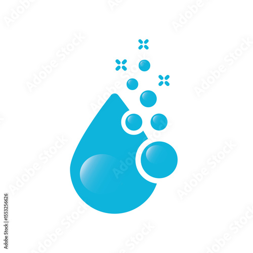 Fizzy drink, water bubble black and blue pictogram. Effervescent drop or tablets,  clear soda.