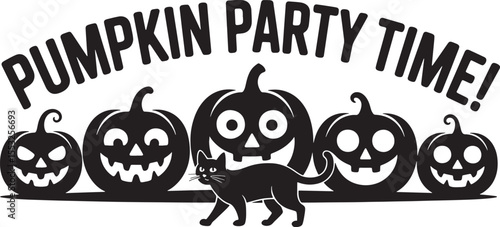 Black cat walking in front of carved pumpkins with text pumpkin party time halloween carving