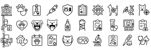 Veterinary and Pet Healthcare Stroke Icon Collection. Includes Animal Treatment, Vet Clinic, Pet Medicine, Vaccination, Grooming, and Medical Diagnosis Symbols. Editable Outline Vector Icons Set.