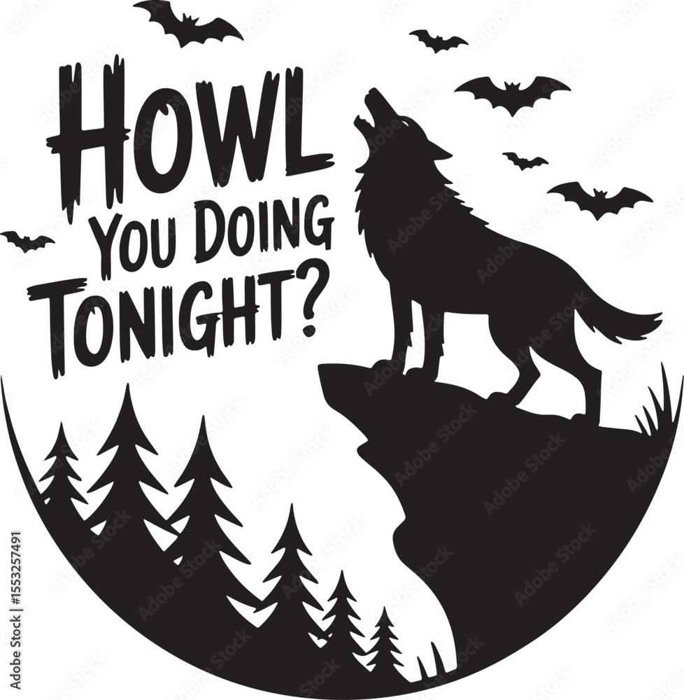 Naklejka premium Black silhouette of a wolf howling on a cliff with bats and trees white