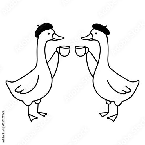 Two ducks in berets toasting with teacups — quirky minimalist line art full of charm and French café vibes