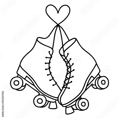 Minimal black-and-white outline of two retro roller skates tied together with heart-shaped laces, symbolizing love and skating fun