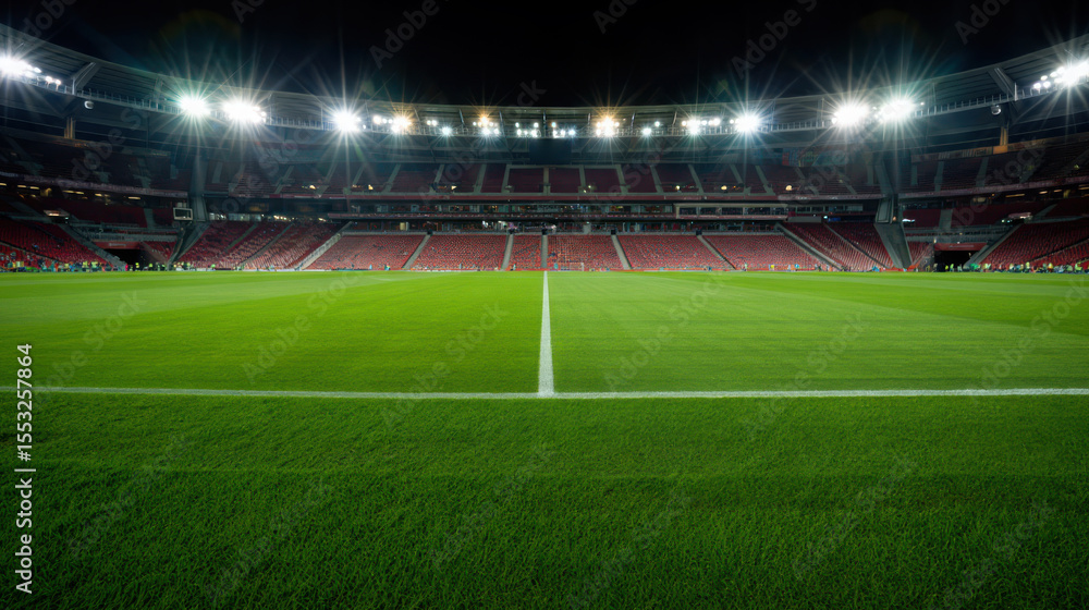 Fototapeta premium Illuminated football stadium pitch at night with empty red seats and bright starburst lights