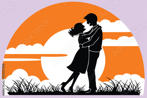 Romantic couple embracing against a vibrant sunset silhouette