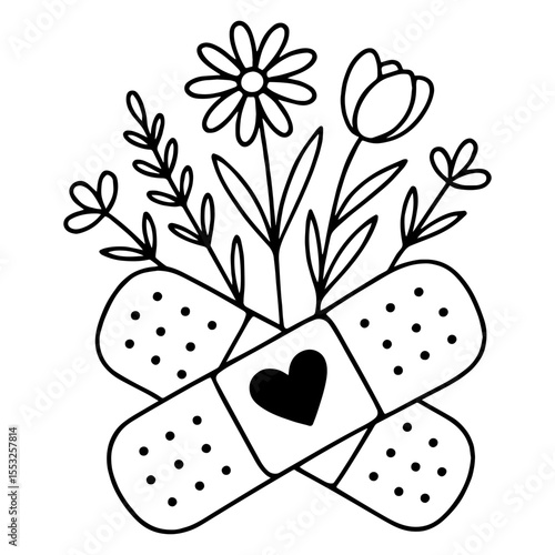 Hand-drawn floral bouquet growing from crossed band-aids with heart — symbolic healing and care in black and white line art