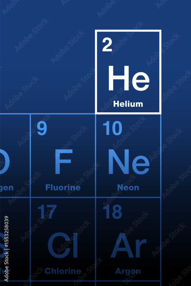 Helium on the periodic table of the elements. Chemical element with atomic number 2 and symbol He, from the Greek word helios for sun. Inert, monatomic, noble gas, used for lasers and other purposes. Helium on the periodic table of the elements. Chemical element with atomic number 2 and symbol He, from the Greek word helios for sun. Inert, monatomic, noble gas, used for lasers and other purposes.