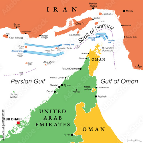Strait of Hormuz, colored political map showing the shipping lanes. Sea passage from Persian Gulf to open ocean. One of the most strategically important choke points for shipping oil and natural gas.