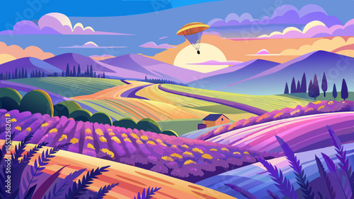 A vibrant lavender field in full bloom stretching across rolling hills under a clear blue sky. A colorful paraglider is soaring gracefully above the field, casting a soft shadow over the purple flower