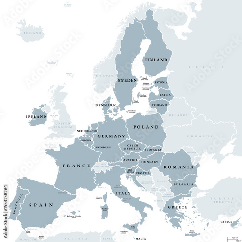 European Union, member states of the EU, gray political map. Economic and political union of 27 member states. Map with single countries, labeled in english, and with international borders. Vector