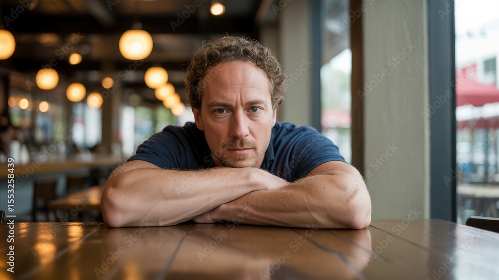 Fototapeta premium Caucasian male adult leaning on table in modern café with thoughtful expression