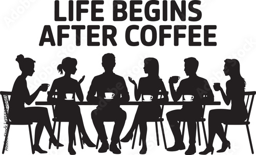 Black silhouette of people sitting at a table drinking coffee group