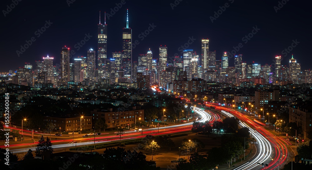 Fototapeta premium Dynamic City Night Skyline with Blurry Light Trails
