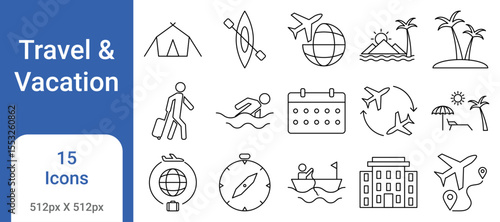 Travel and Vacation Icon Set – Tourism, Adventure, Beach, Flights, Hotel, Holiday, Navigation, Summer Icons