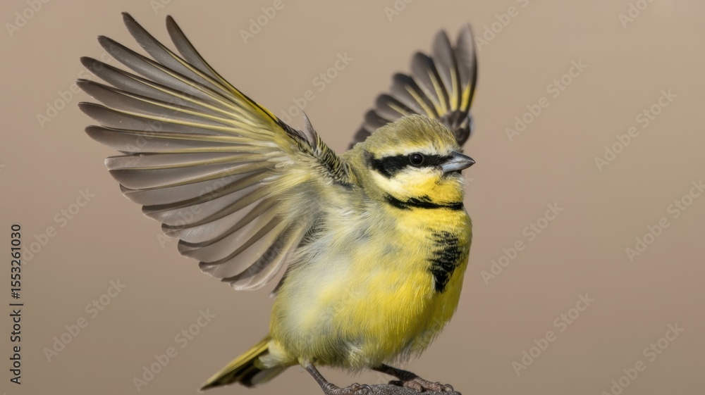 Obraz premium Yellow and black songbird with outstretched wings in flight