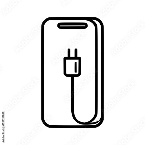 Smartphone charging, power cable plugged into phone, simple line art illustration.