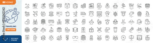 traveling line editable icon set. Contain icons related to vacation, holiday recreation, leisure, entertainment,  traveling, tourism, and more. Editable stroke. Vector illustration