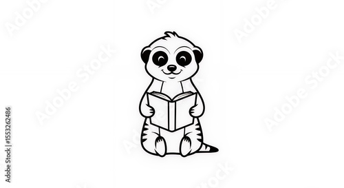 Cartoon Meerkat Reading a Book Black and White Illustration.