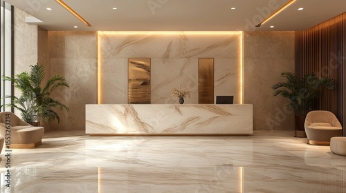 Elegant luxury hotel lobby reception area, featuring plush furnishings, grand decor, and a warm, welcoming ambiance for guests.