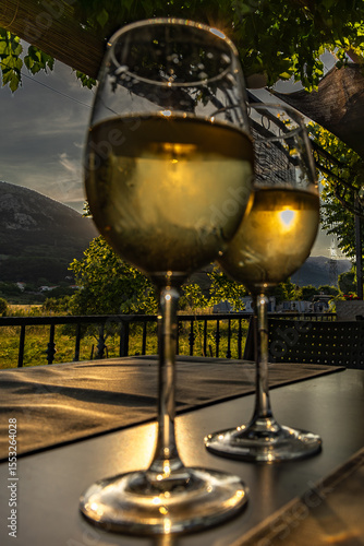  glass of noble home-made white wine, local alcoholic beverages of Croatia, Golden Zlachtina KRK