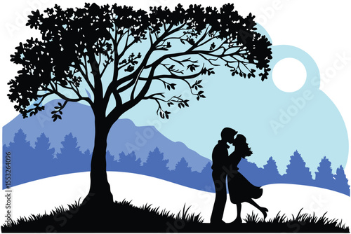 Romantic couple leaning on a tree silhouette in a serene natural setting