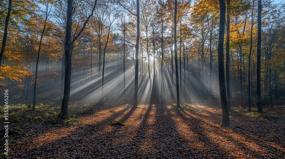 Fototapeta premium Enchanting sun rays falling through mist in a golden autumn forest, with vibrant deciduous trees casting long shadows on the forest floor.