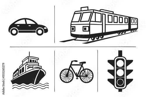 Various modes of transportation isolated on white background