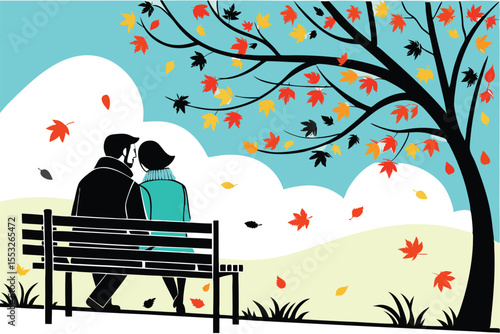 Romantic couple shares a moment on a park bench surrounded by falling autumn leaves