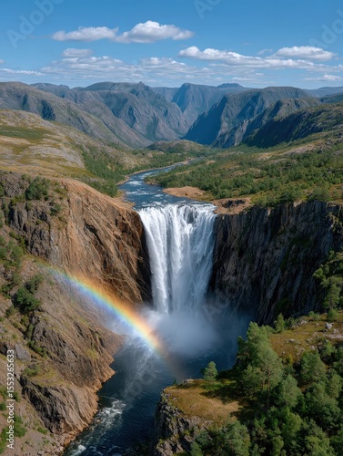 Breathtaking Drone Capture of a Massive Waterfall with Rainbow