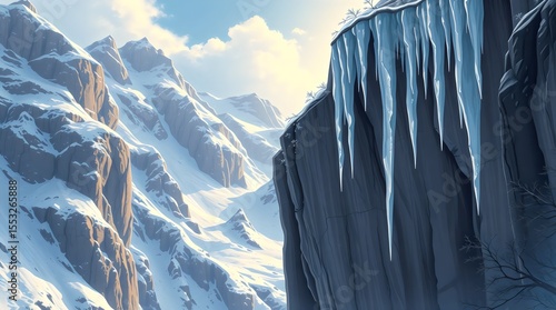 Icicles hanging from a cliff edge in mountain terrain