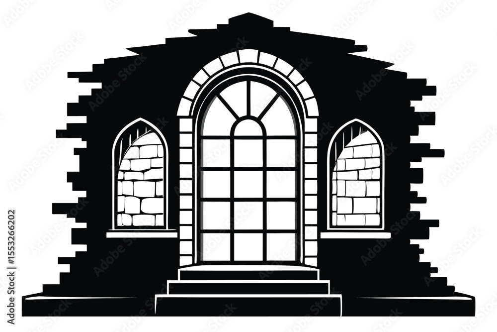 Fototapeta premium Abstract Castle Entrance with Arched Windows, Brickwork, and Steps Black Silhouette Design