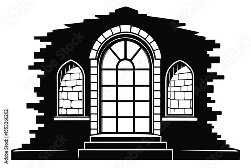 Abstract Castle Entrance with Arched Windows, Brickwork, and Steps Black Silhouette Design