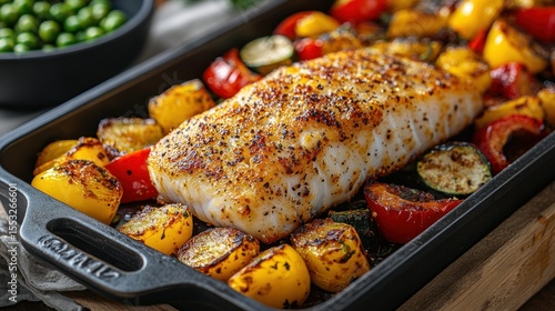 Baked fish fillet with roasted vegetables in a cast iron pan