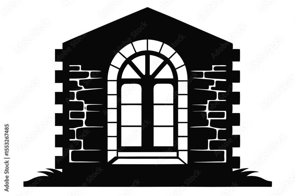 Fototapeta premium Silhouette of Stone Building with Arched Window and Double Doors Vector Illustration