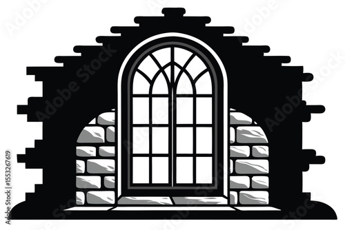 Illustration of arched window with mullions set in a stone brick wall facade