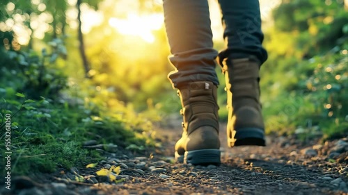 A person in hiking boots walks along a forest path as the sun sets, casting warm light and creating a tranquil atmosphere
