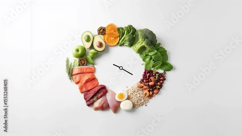 Fresh vegetables and healthy food arranged in a clock formation on a white background. Loop video.