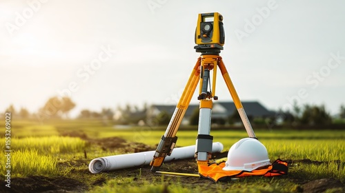 Surveying Equipment and Blueprints at Sunset in Open Field