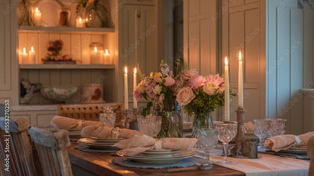 Fototapeta premium Elegant English dining tables styled with flickering candlelight, floral centrepieces, crystal glassware and richly layered plates, capturing the warmth of evening gatherings at home, wedding or event