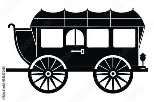 Silhouette Illustration of a Classic Stagecoach with Large Wheels and Detailed Design Elements