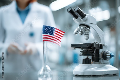 Celebrating American Independence Day with a laboratory theme featuring a microscope and the USA flag