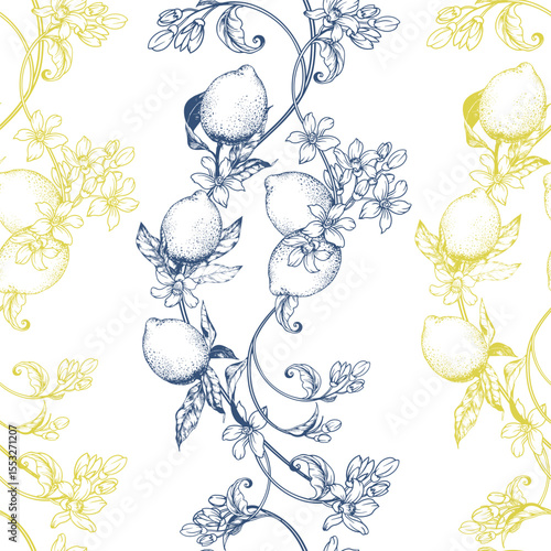 Seamless vector pattern featuring hand-drawn lemon branches with leaves and blossoms. Line art style, perfect for fabric, packaging, wallpapers, stationery, and kitchen-themed designs. Fully editable