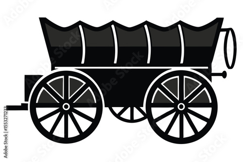 Black silhouette of a covered wagon with large wheels and vintage design