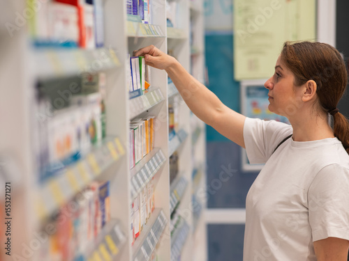 Caucasian woman choosing medicines in a pharmacy. 