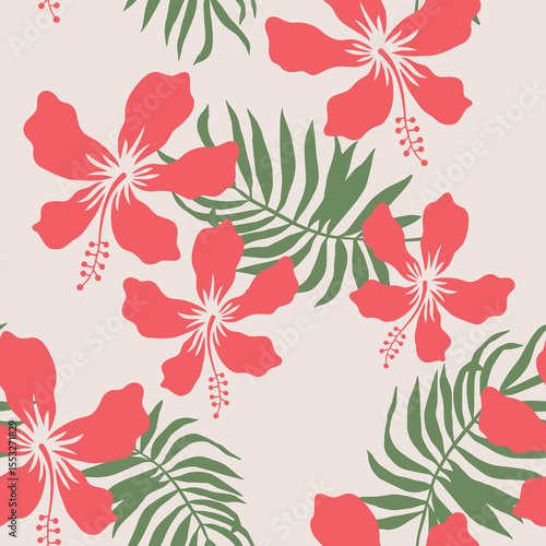 Tropical hibiscus flowers, green palm leaves silhouettes, gray background. Vector seamless pattern. Floral flat illustration. Exotic plants. Summer beach design. Paradise nature