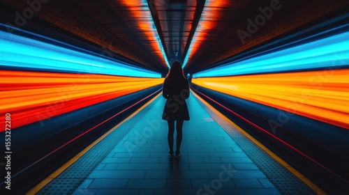 Solitary Figure Stands Amidst Blurring Light Trails in an Abstract City Subway Tunnel