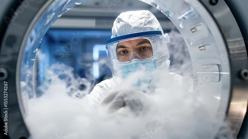 Scientist wearing protective gear performing cryogenic preservation in ultra-cold nitrogen freezer environment