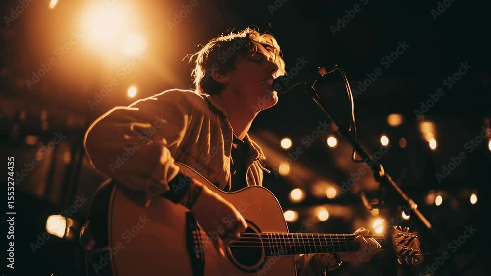 Male Singer-Songwriter Performing Acoustic Music on Stage - A young man with brown hair sings into a microphone while playing an acoustic guitar.