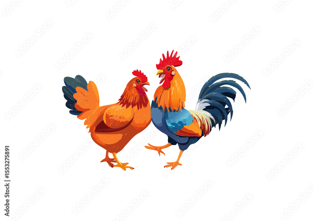 Fototapeta premium Vibrant illustration of two roosters with bright feathers in cheerful farmyard vector design