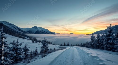 Lonely snow trail winding through winter mountains