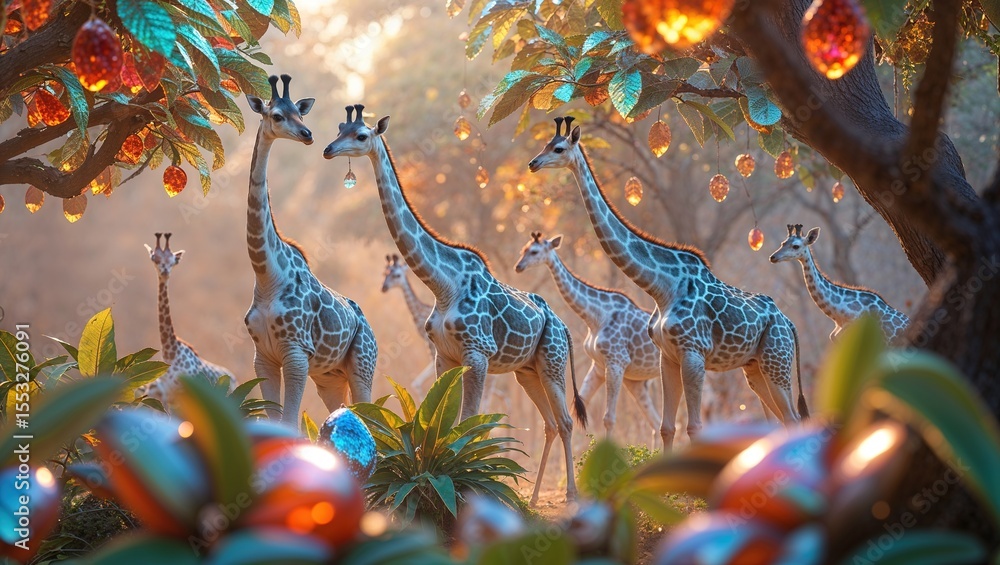 Naklejka premium Giraffes meander through a lush, enchanted forest filled with colorful foliage and luminous ornaments hanging from trees during a mystical twilight setting